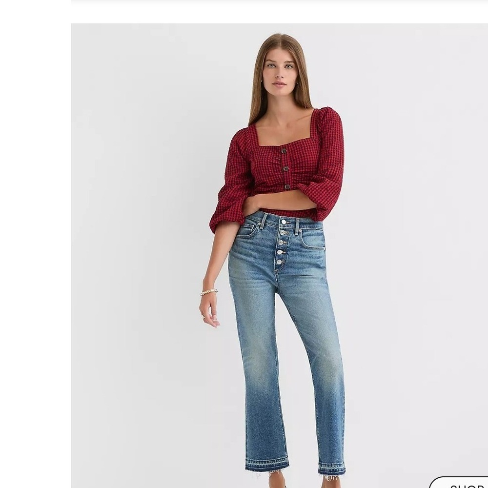 LOFT Kick Crop‎ Jeans High Rise Button Fly Mid Vintage Wash Blue Size 32 14